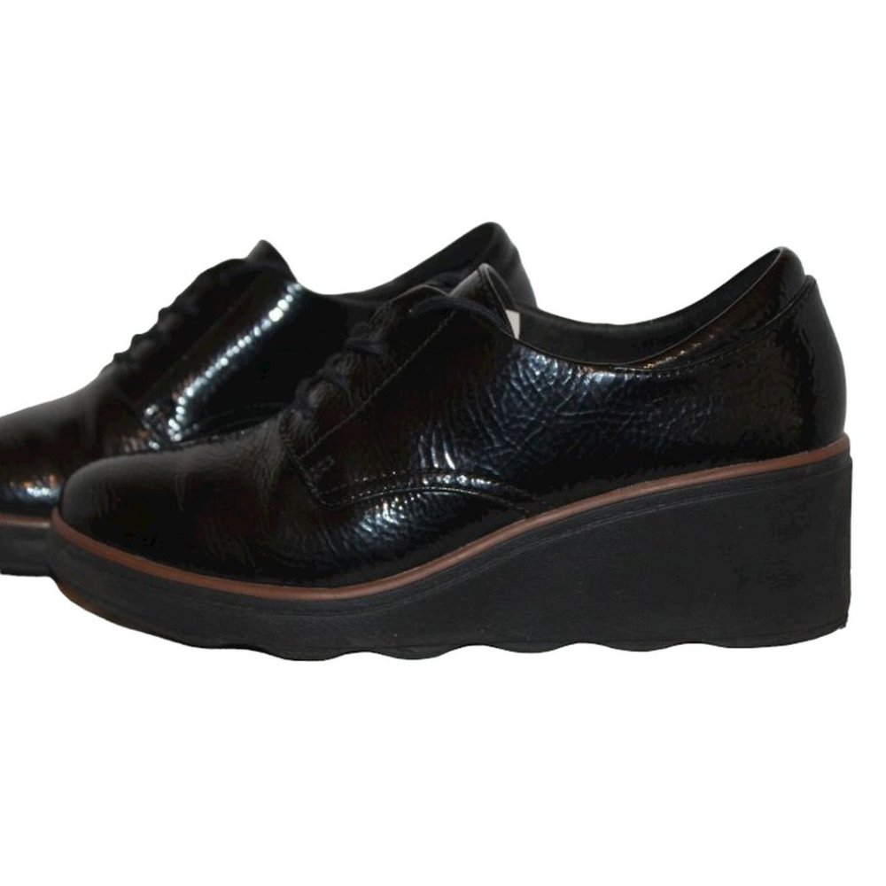 CLARKS COLLECTION Womens Black Patent Pebbled Leather Wedge SHOES Lace-up ~Sz 6M - Picture 3 of 7
